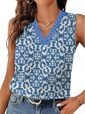 Women's Blue Lace V Neck Summer Loose Fit Sleeveless Shirts Casual Tank Top